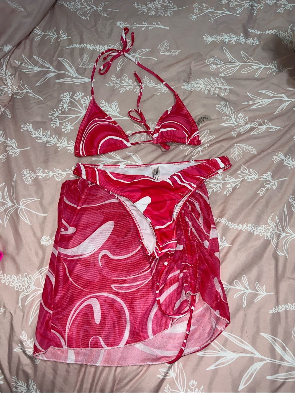 Pink Swirl Women's Triangle Bikini Set with Sheer Sarong